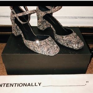 Intentionally Blank Sparkly Silver Double Strap Block Heels